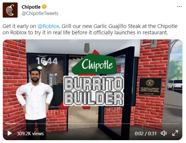 Chipotle and Roblox twitter post showcasing their virtual restaurant