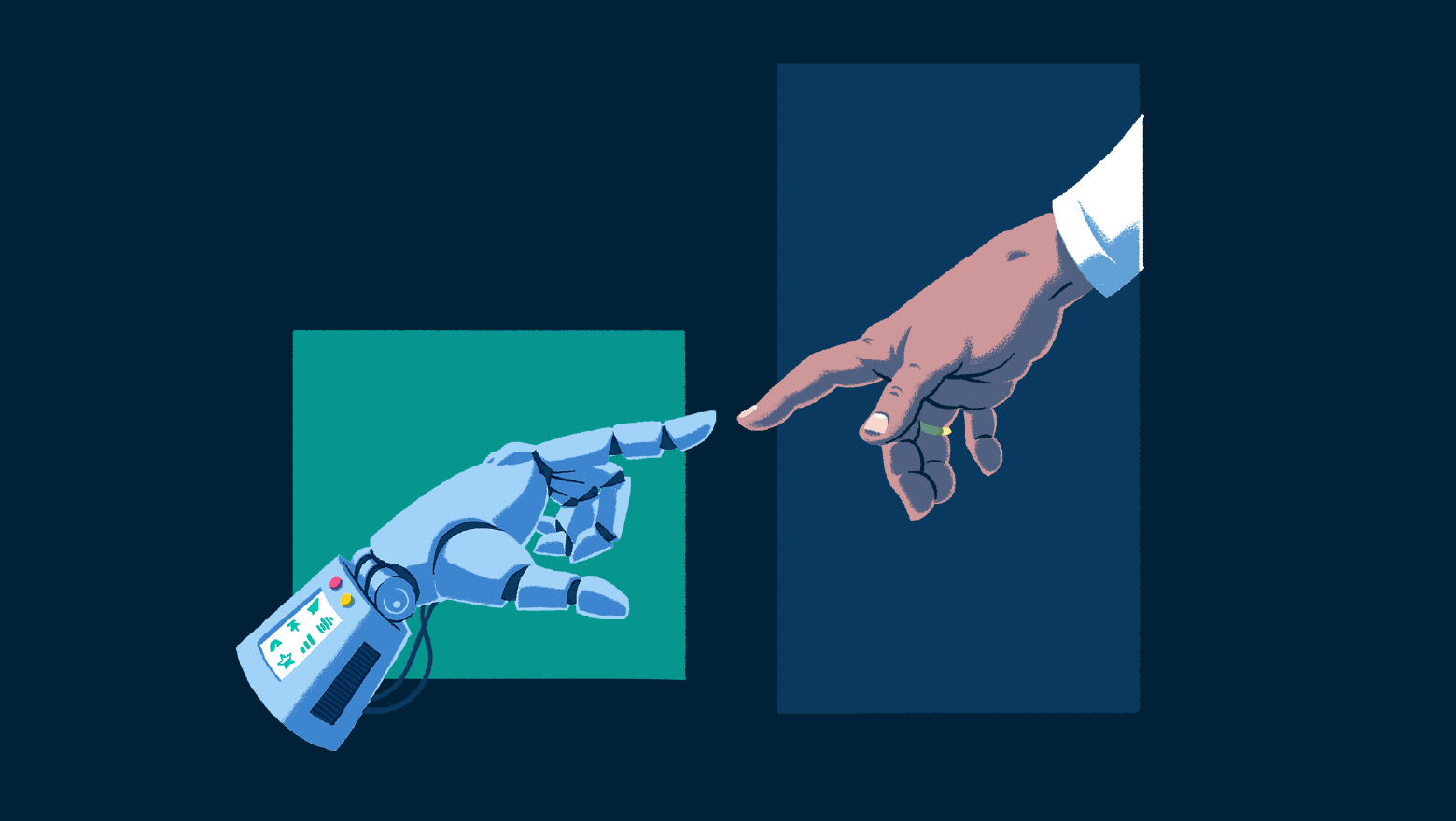 Robot hand and man's hand reaching for each other