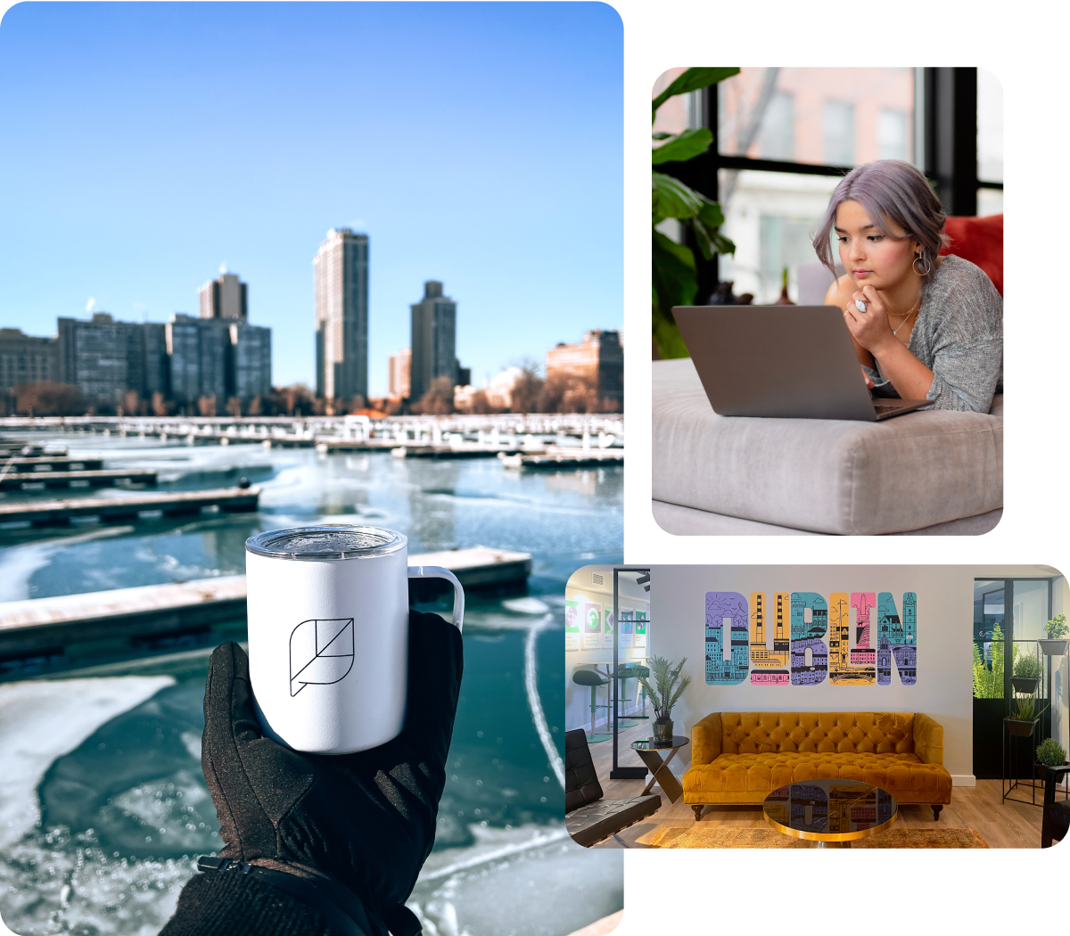 Three Sprout employee work spaces including a cozy home set up, stylish Dublin office and harbor-side view of the Seattle skyline.