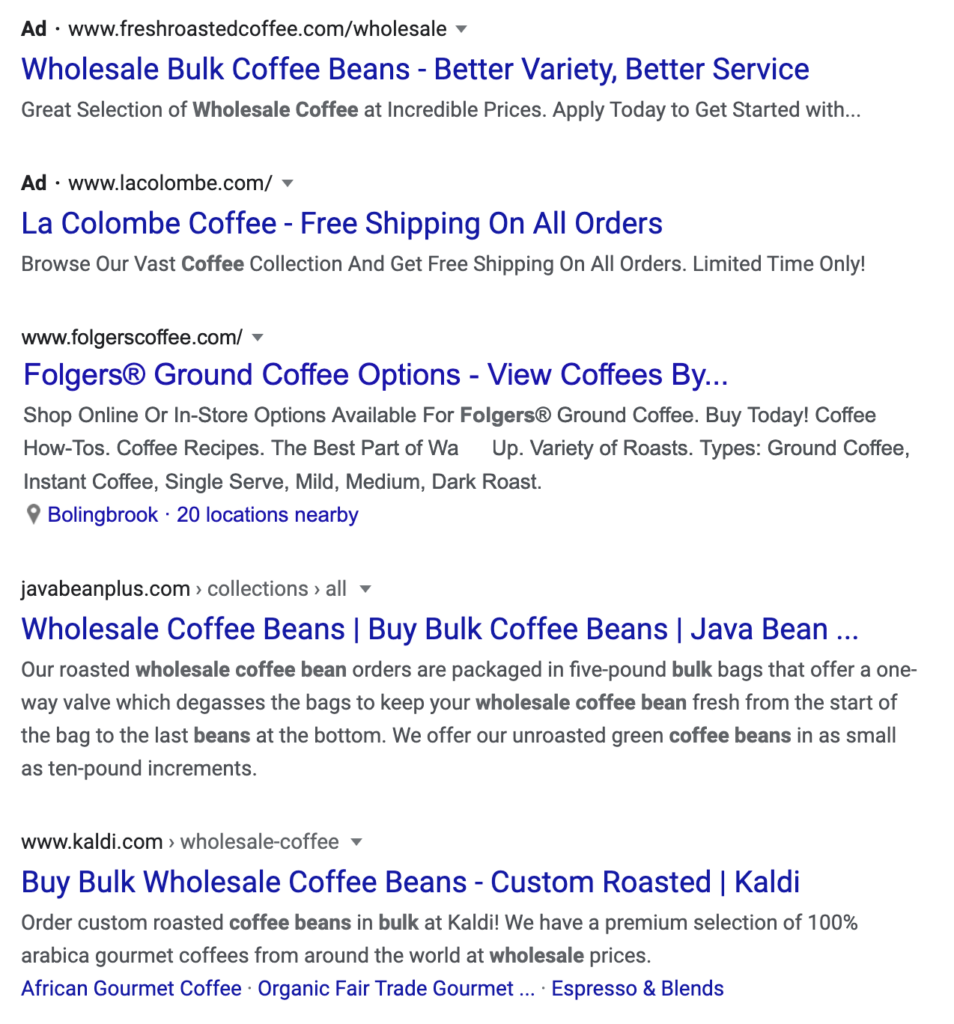 Google search results when you search for ground coffee.