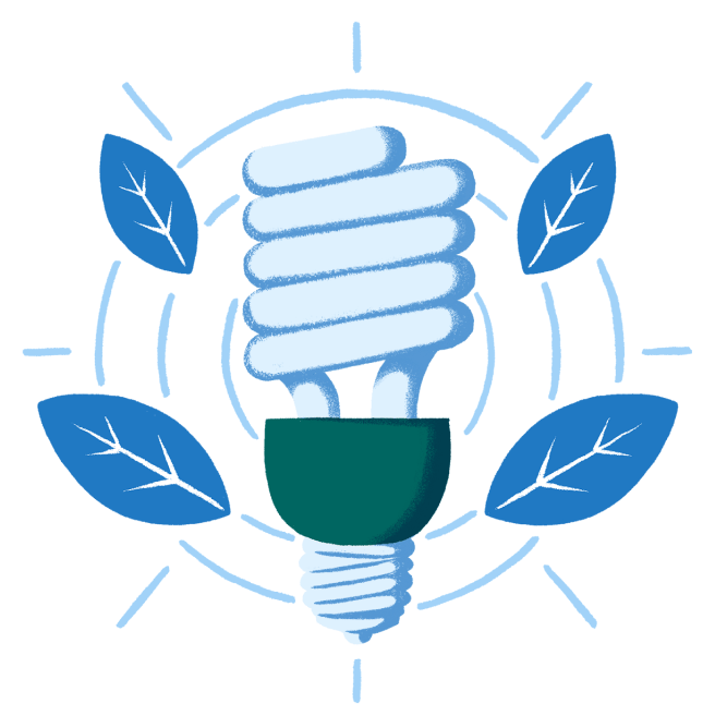 Illustration of an energy-efficient light bulb surrounded by several leaves, representing our commitment to a positive environmental impact.