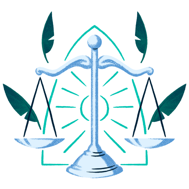 Illustration of the scales of justice perfectly balanced, representing our commitment to ethical practices and processes.