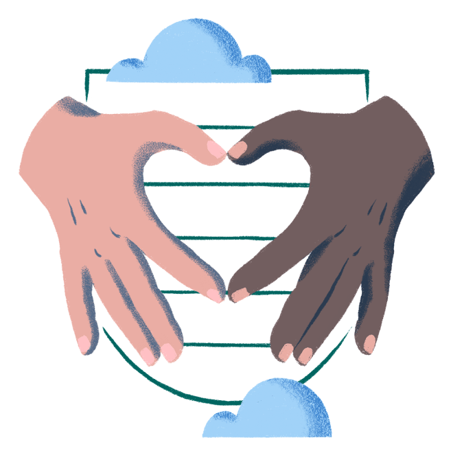 Illustration of two hands with different skin tones forming the shape of a heart, representing our commitment to having a positive social impact through diversity and philanthropy.