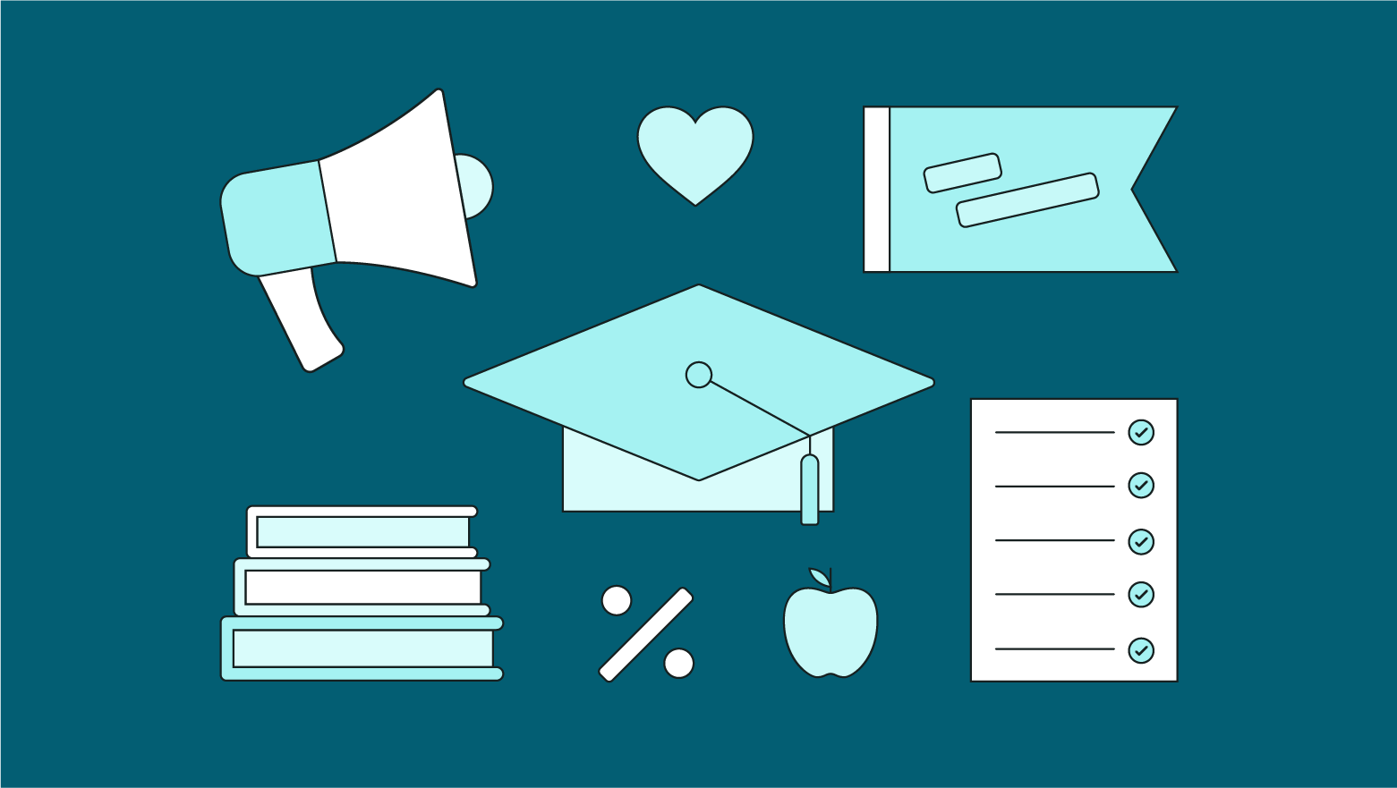 A teal background with a megaphone, graduation cap, stack of books and academic paper depicted in graphics.