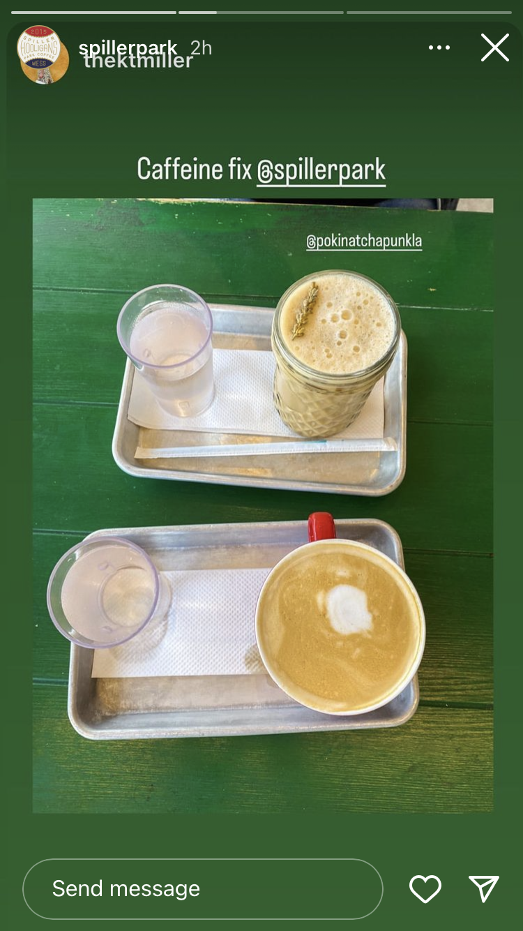 Spiller Park Coffee Instagram Story showing two drinks and two cups of water. 