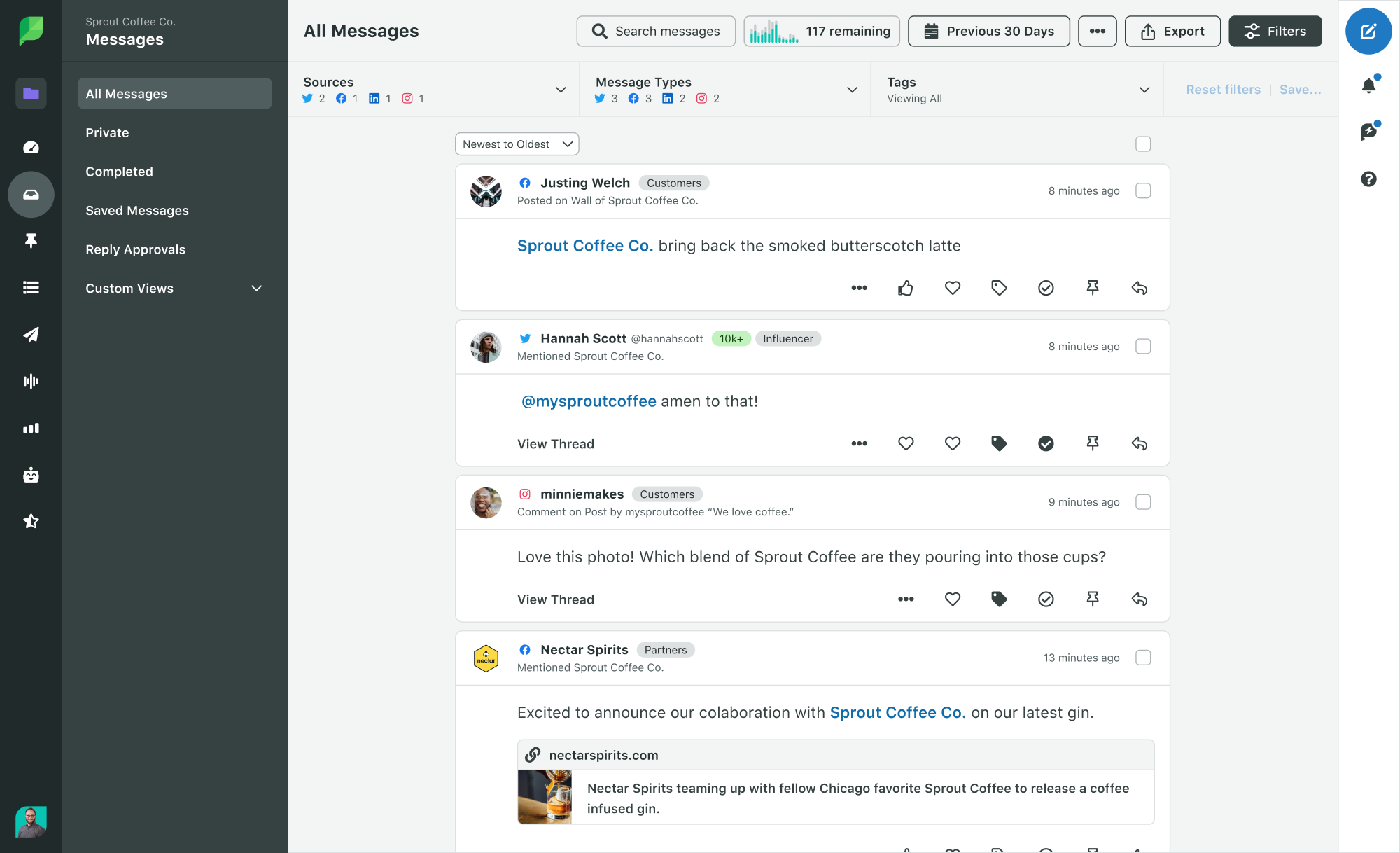 Optimize your engagement workflow with Sprout’s Inbox Views, which enable you to build and save your own custom filter sets in the Smart Inbox.