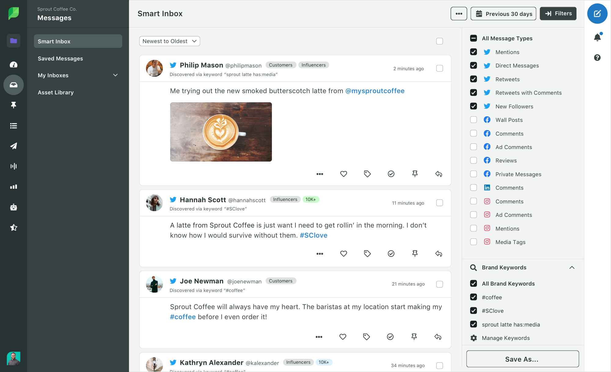 Sprout Social's Smart Inbox consolidates messages from all networks in one location. 