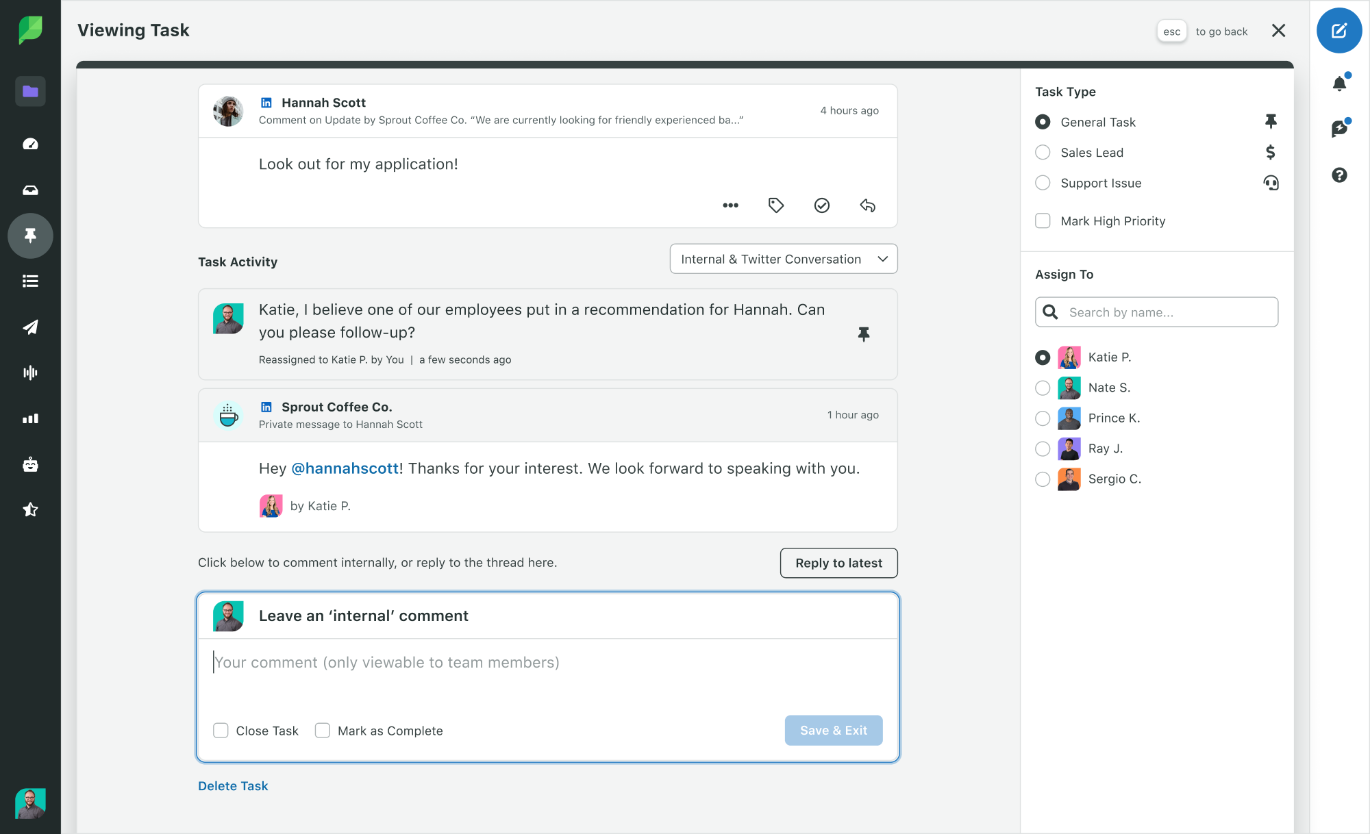 Sprout Social Product Image of Engagement Tasks with LinkedIn Activity History