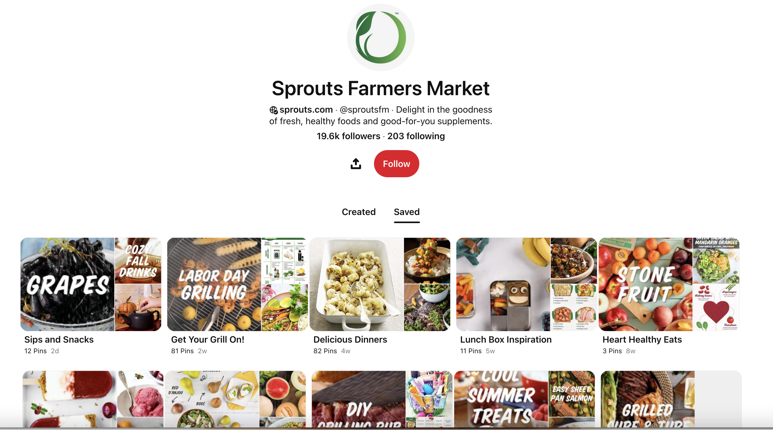 Screenshot of Sprouts Farmers Market Pinterest profile