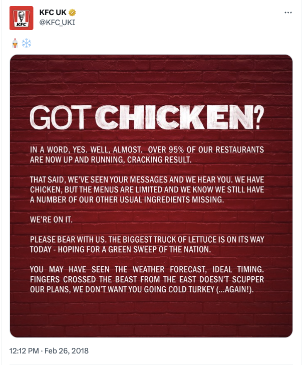 KFC Got Chicken Tweet 